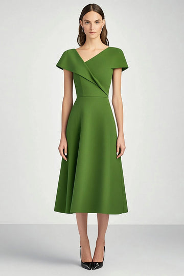 Green A Line Cap Sleeve V-Neck Satin Long Work Dress